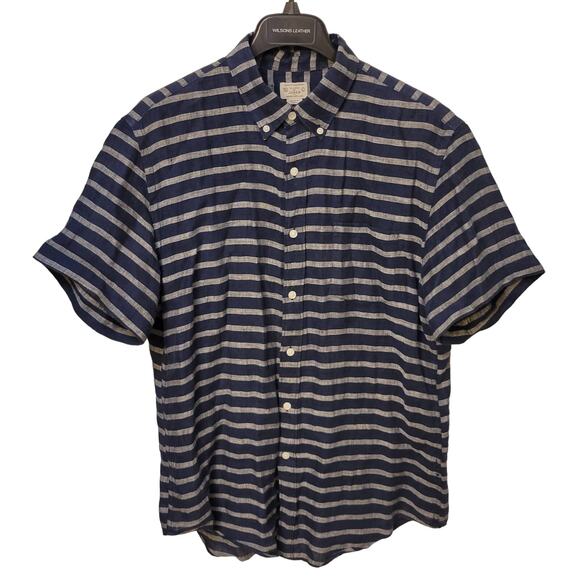 J. Crew 100% linen navy Blue and White Striped Casual Button Down Shirt - Picture 1 of 3